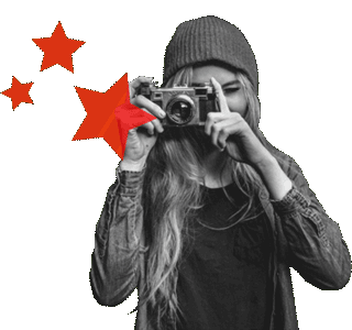 Girl with an old camera in black and white with red stars and green lines