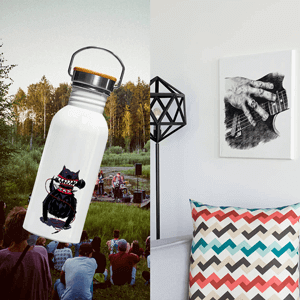 Printed reusable stainless steel bottle white with bamboo cap over an outdoor forest concert and square canvas with a modern light colored pillow on a sofa