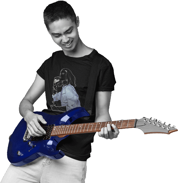 guitar player black white colored t shirt guitar