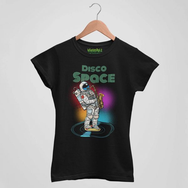 Camiseta de mujer el astronauta saxofonista de disco negra