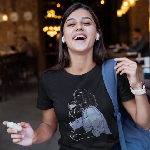 Women t-shirt music pills black and a female student laughing in a restaurant